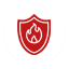 Symbol mit einem Schutzschild un einer Feuerstelle für Brandschutz